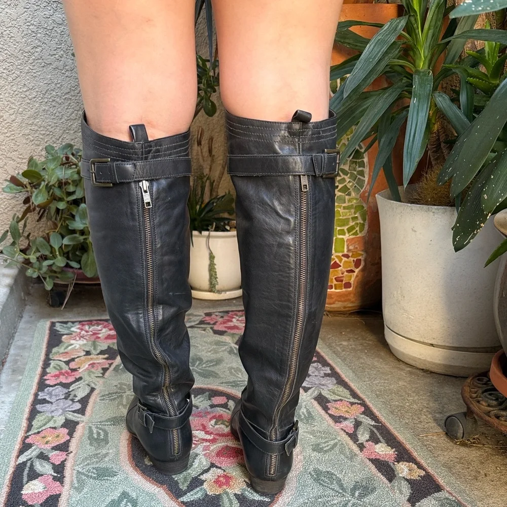 New Vintage Joie Black All Leather Over the Knee Boots with Buckles